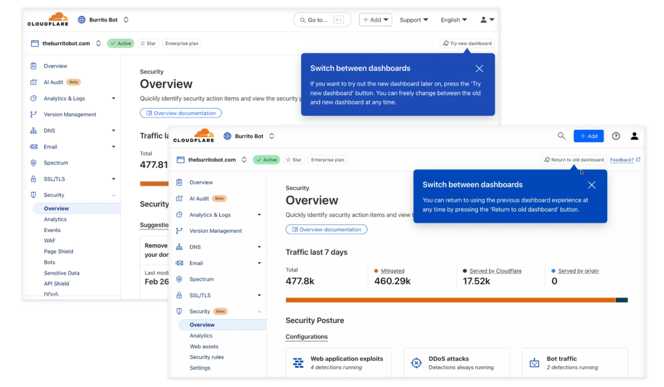 Two screenshots, one of the old security dashboard and one of the new unified security dashboard. Each contains a button to swap between the two differen experiences along with a tooltip highlighting this button
